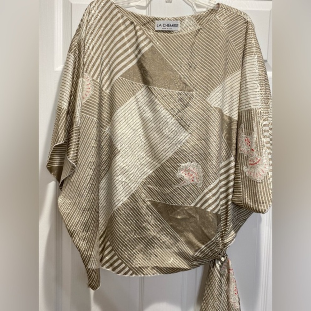 Vintage La Chemise Striped Blouse‎ in Beige, white and red silk top